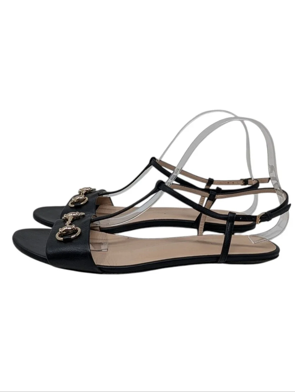 Gucci Horsebit Flat Black Leather T-Strap Sandals Size EU 40.5